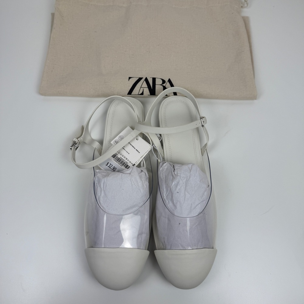 NWT Zara Slingback Ballerina Flats Size 7 White Mary‎ Jane Shoes Office Neutral